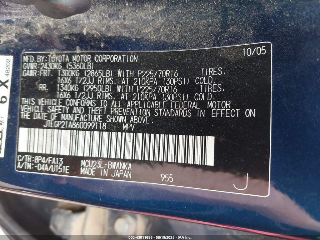 JTEGP21A860099118 2006 TOYOTA HIGHLANDER photo no. 9