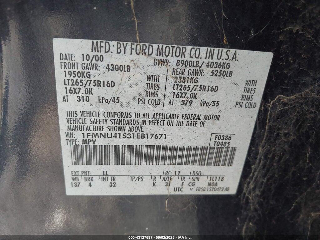 1FMNU41S31EB17671 2001 FORD EXCURSION photo no. 9
