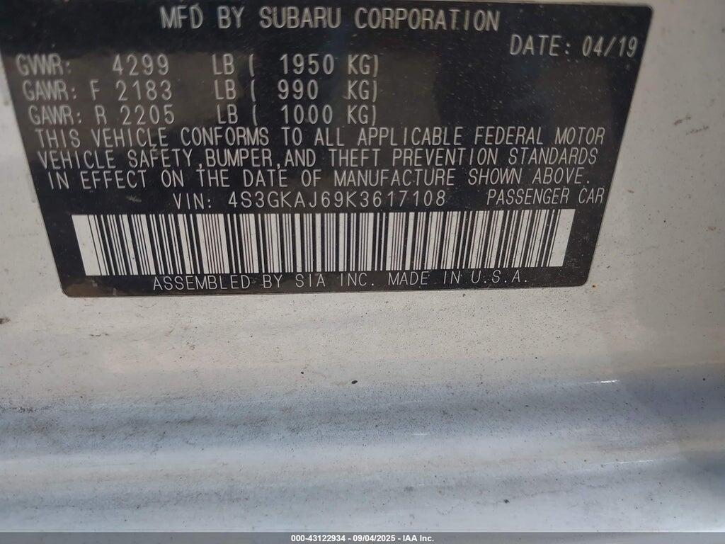 4S3GKAJ69K3617108 2019 SUBARU IMPREZA photo no. 9