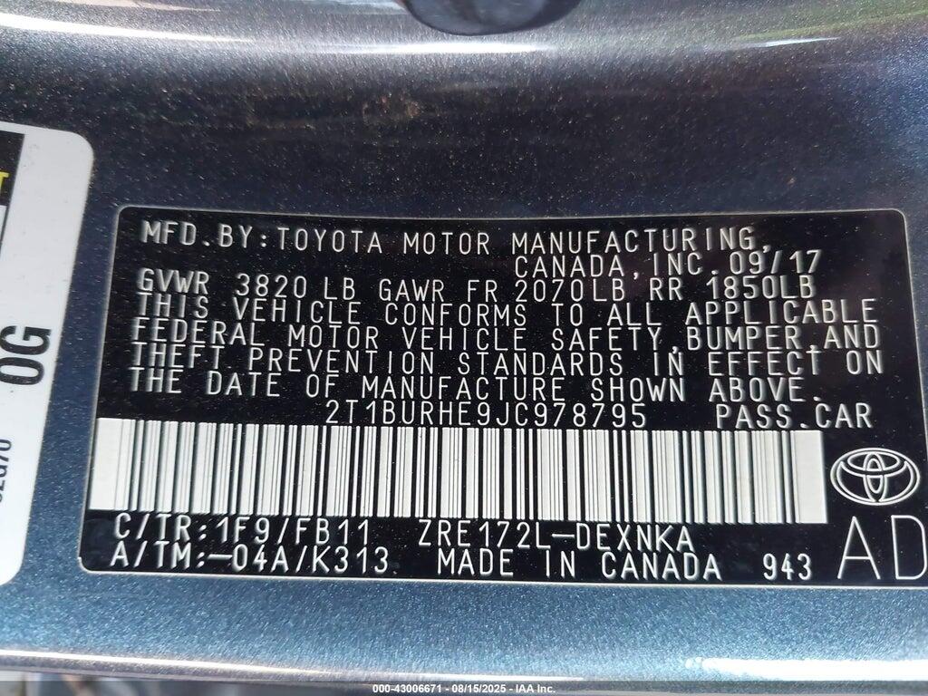 2T1BURHE9JC978795 2018 TOYOTA COROLLA photo no. 9