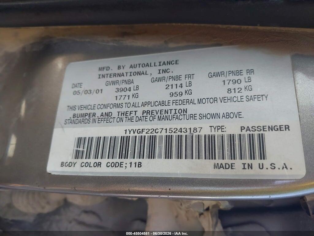 1YVGF22C715243187 2001 MAZDA 626 photo no. 9
