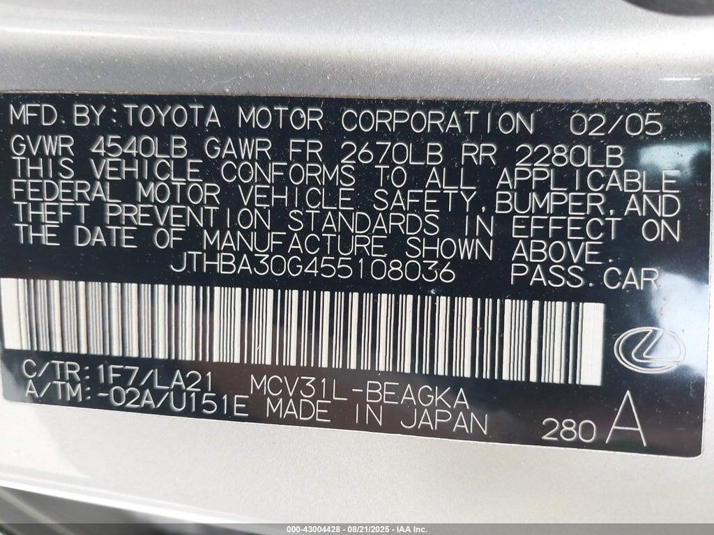 JTHBA30G455108036 2005 LEXUS ES 330 photo no. 9