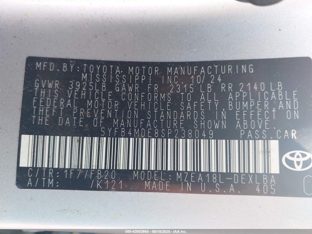 5YFB4MDE8SP238049 2025 TOYOTA COROLLA photo no. 9