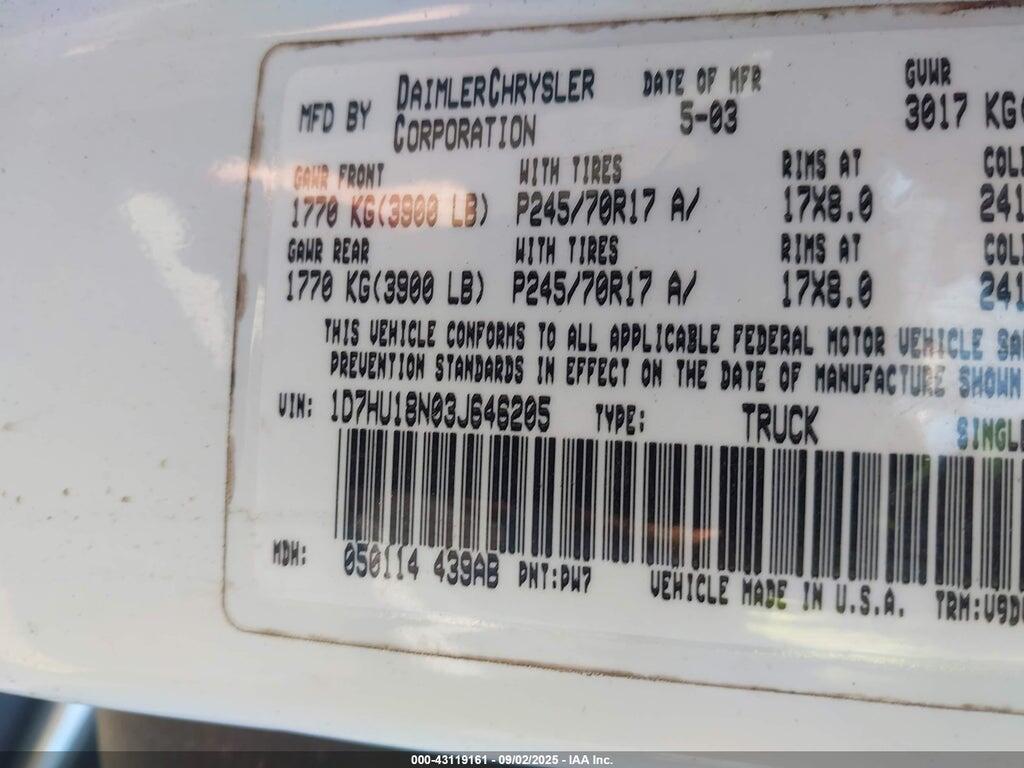 1D7HU18N03J646205 2003 DODGE RAM 1500 photo no. 9