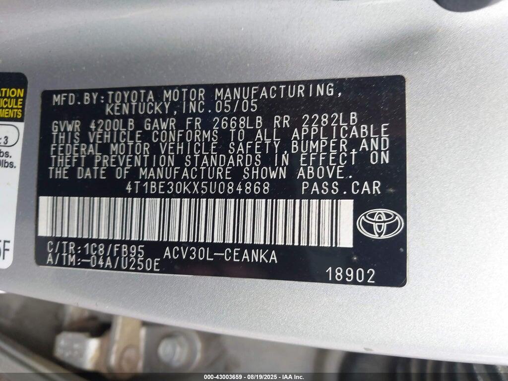 4T1BE30KX5U084868 2005 TOYOTA CAMRY photo no. 9