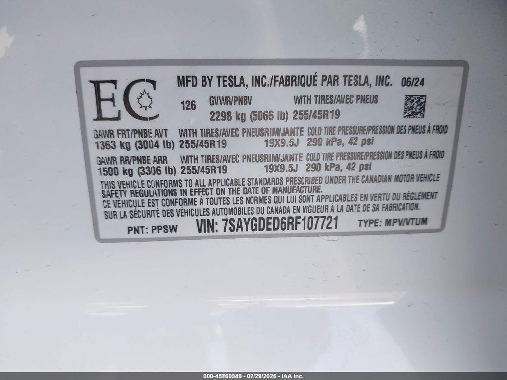 7SAYGDED6RF107721 2024 TESLA MODEL Y photo no. 9