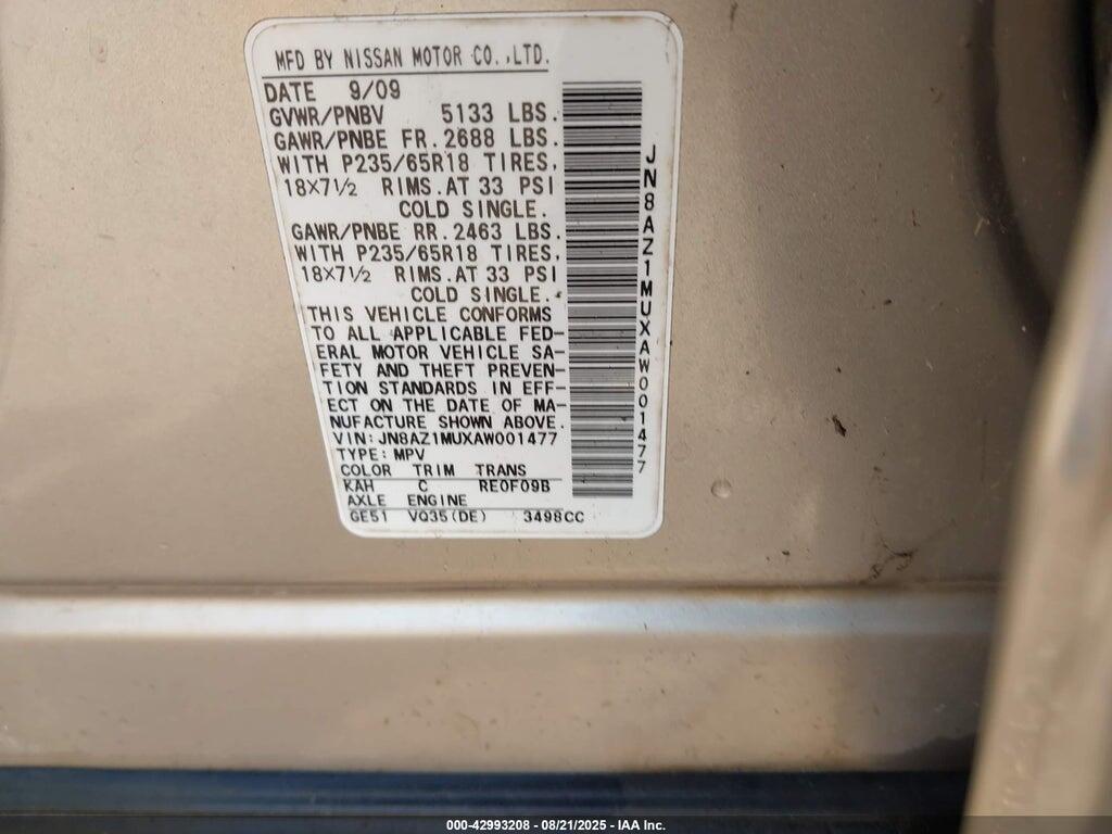 JN8AZ1MUXAW001477 2010 NISSAN MURANO photo no. 9