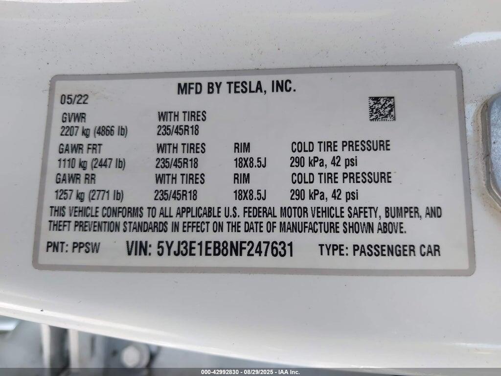 5YJ3E1EB8NF247631 2022 TESLA MODEL 3 photo no. 9