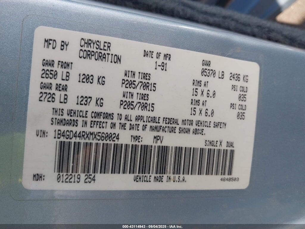 1B4GD44RXMX560024 1991 DODGE GRAND CARAVAN photo no. 9