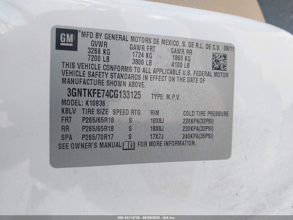 3GNTKFE74CG133125 2012 CHEVROLET AVALANCHE 1500 photo no. 9