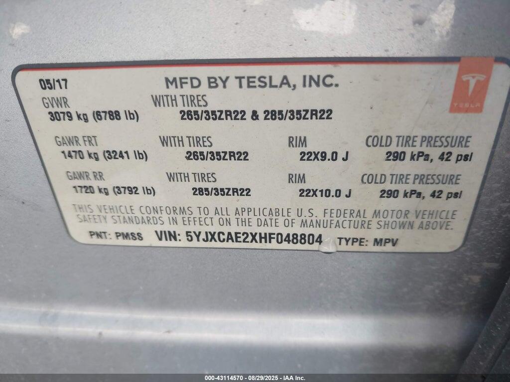 5YJXCAE2XHF048804 2017 TESLA MODEL X photo no. 9