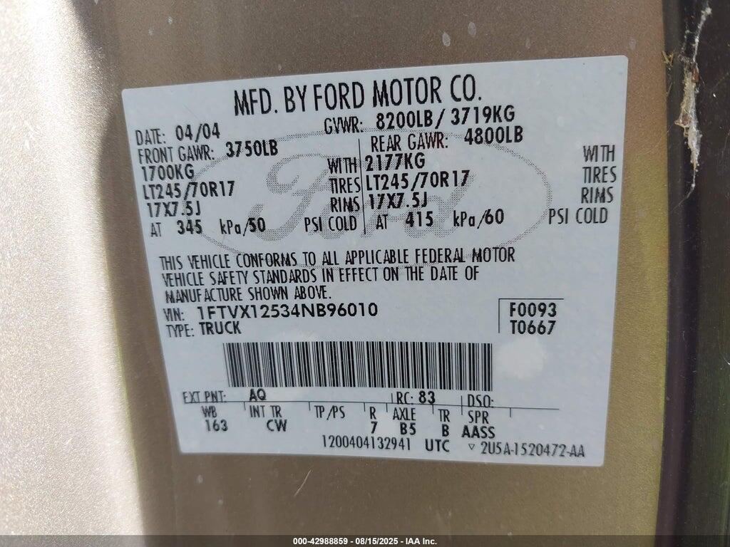 1FTVX12534NB96010 2004 FORD F-150 photo no. 9