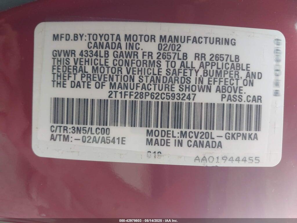 2T1FF28P62C593247 2002 TOYOTA CAMRY SOLARA photo no. 9