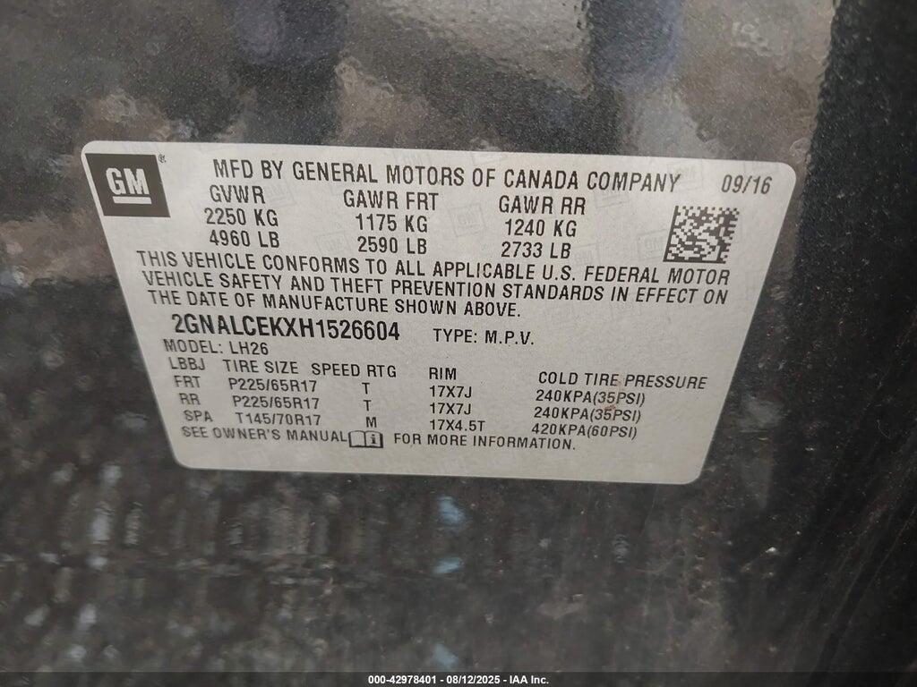 2GNALCEKXH1526604 2017 CHEVROLET EQUINOX photo no. 9