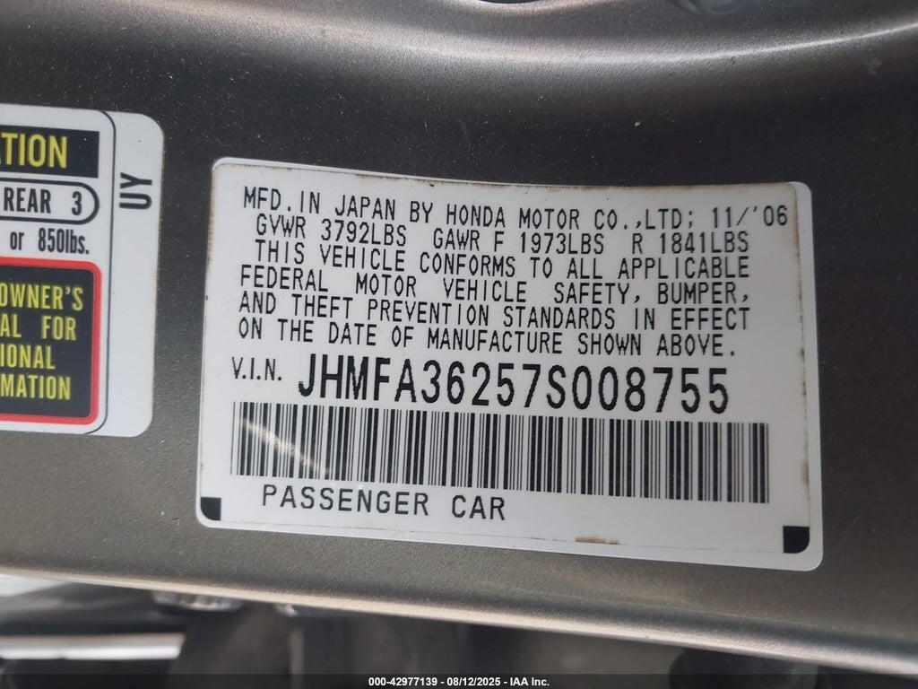 JHMFA36257S008755 2007 HONDA CIVIC HYBRID photo no. 9