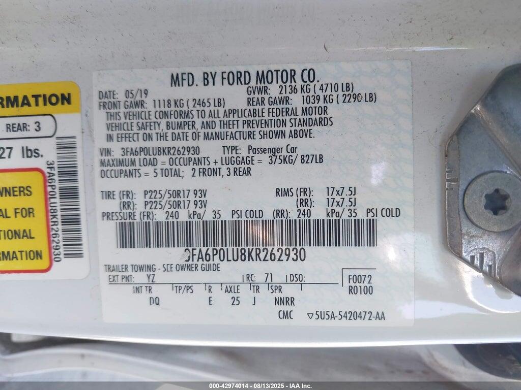 3FA6P0LU8KR262930 2019 FORD FUSION HYBRID photo no. 9