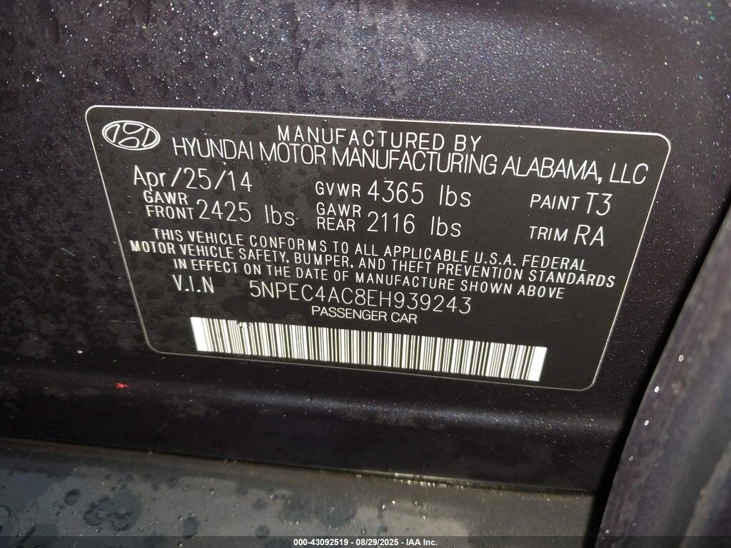 5NPEC4AC8EH939243 2014 HYUNDAI SONATA photo no. 9