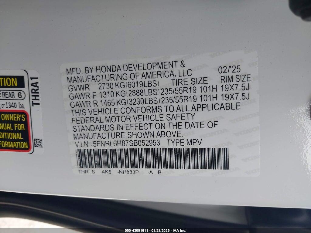 5FNRL6H87SB052953 2025 HONDA ODYSSEY photo no. 9