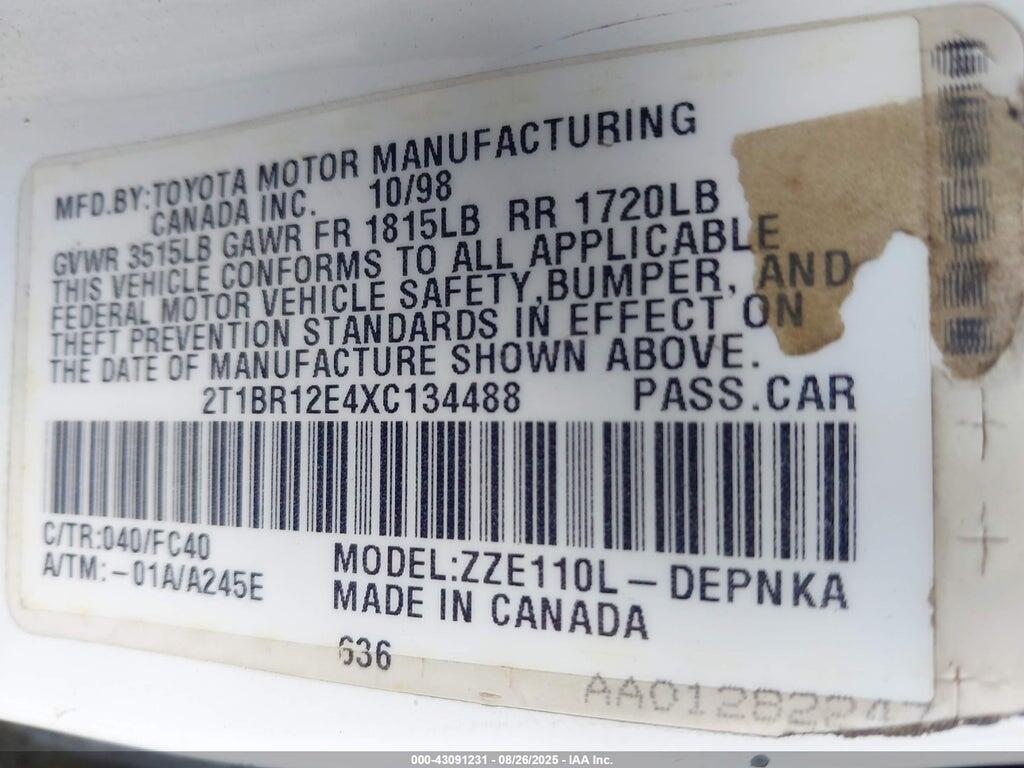 2T1BR12E4XC134488 1999 TOYOTA COROLLA photo no. 9