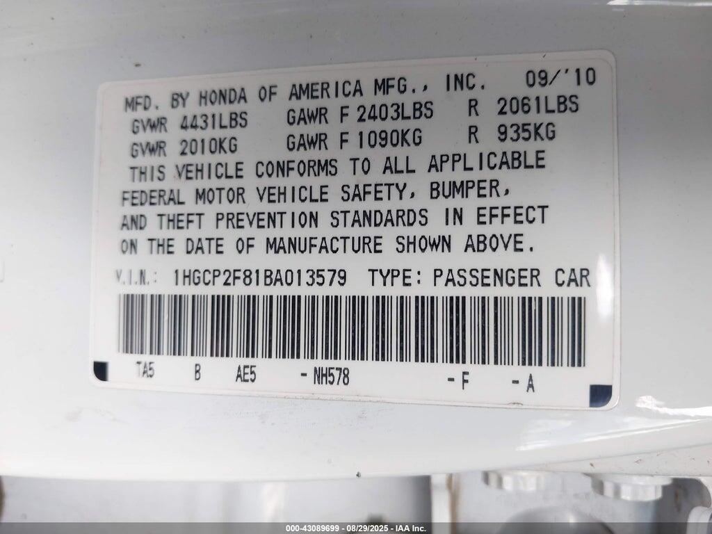 1HGCP2F81BA013579 2011 HONDA ACCORD photo no. 9