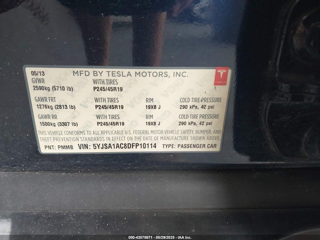 5YJSA1AC8DFP10114 2013 TESLA MODEL S photo no. 9