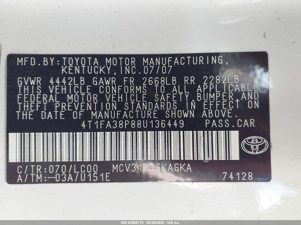 4T1FA38P88U136449 2008 TOYOTA CAMRY SOLARA photo no. 9