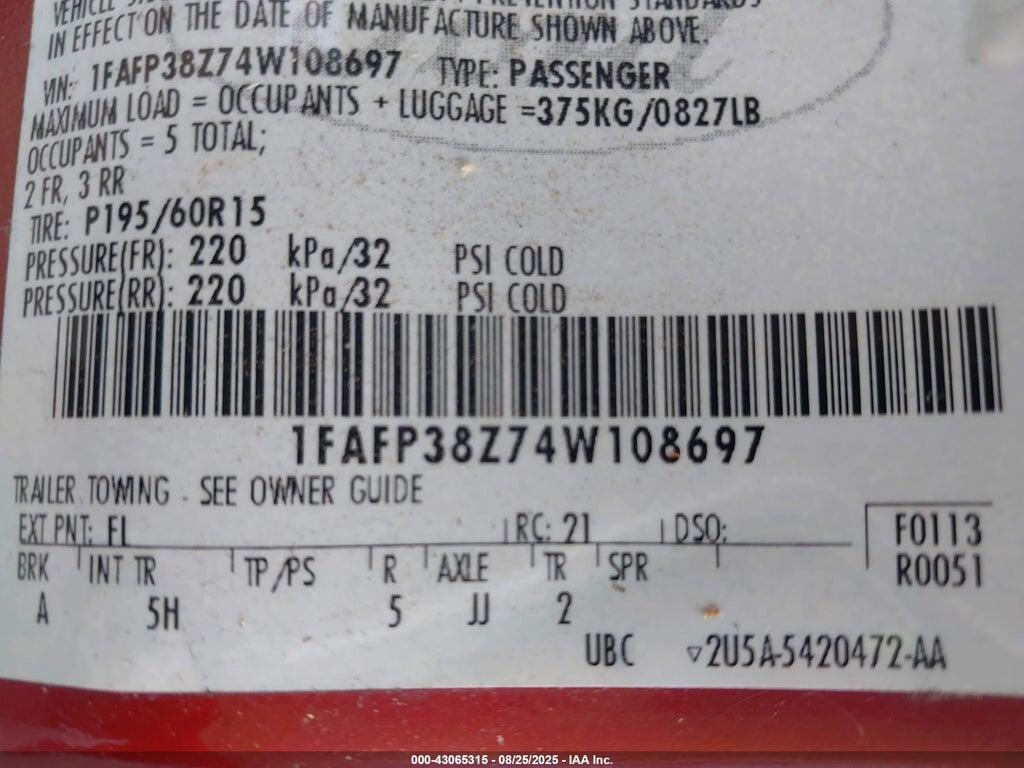 1FAFP38Z74W108697 2004 FORD FOCUS photo no. 9