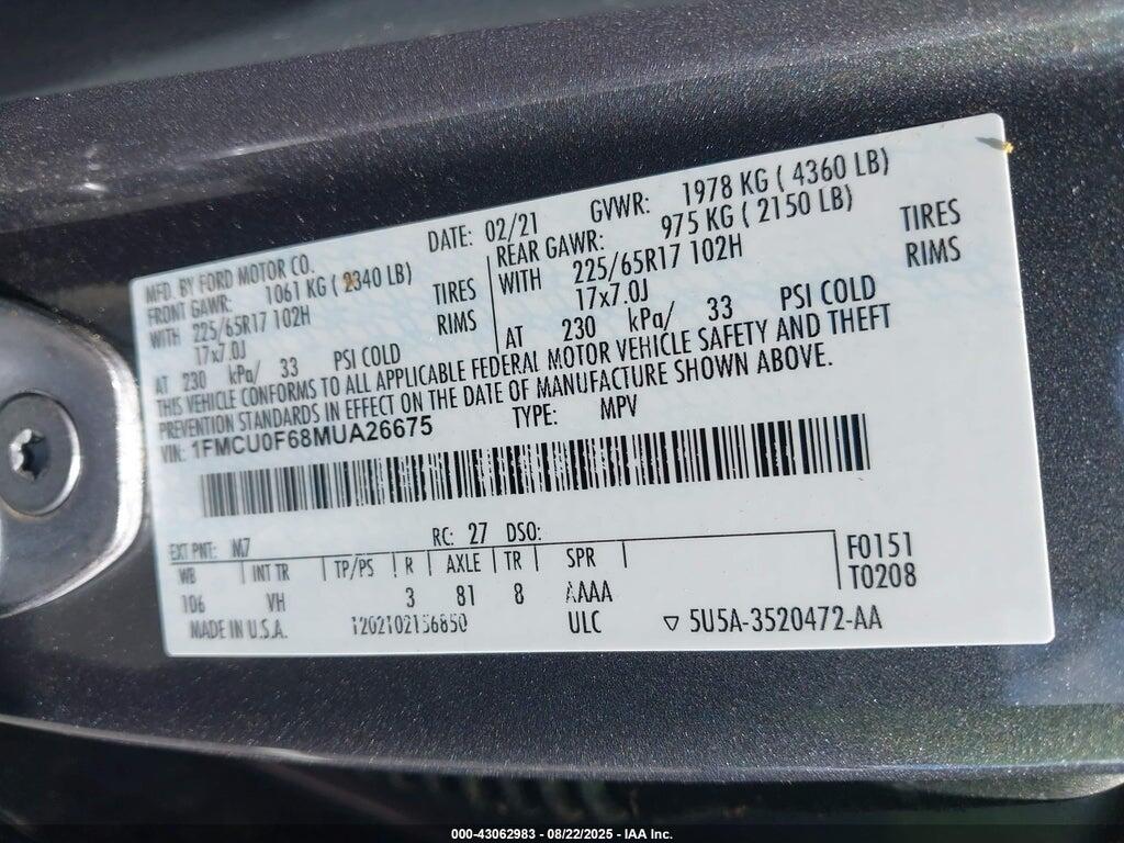 1FMCU0F68MUA26675 2021 FORD ESCAPE photo no. 9