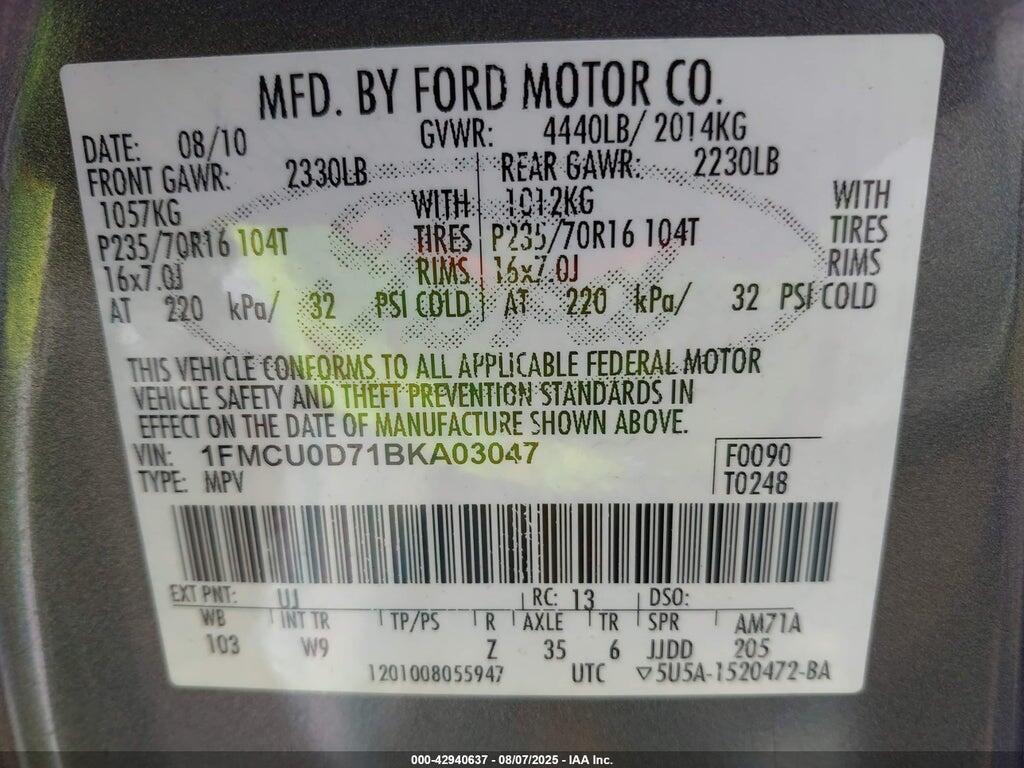 1FMCU0D71BKA03047 2011 FORD ESCAPE photo no. 9