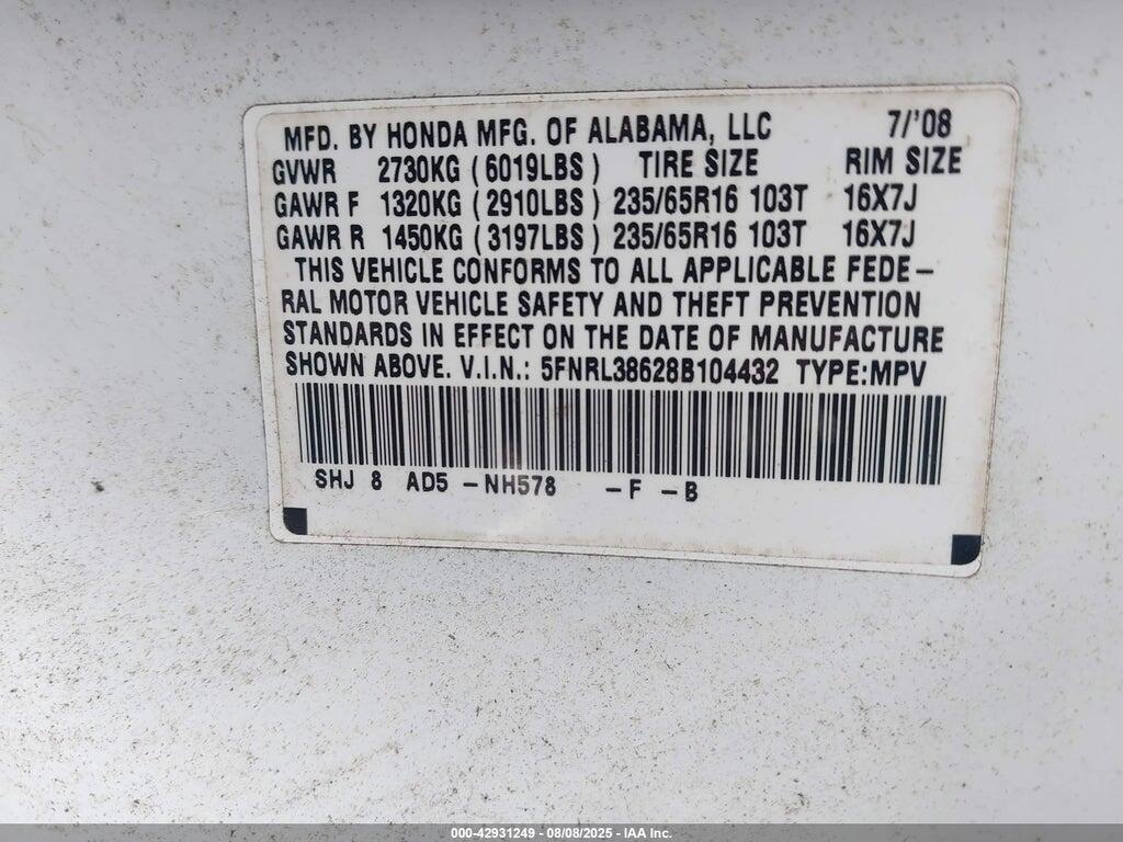 5FNRL38628B104432 2008 HONDA ODYSSEY photo no. 9