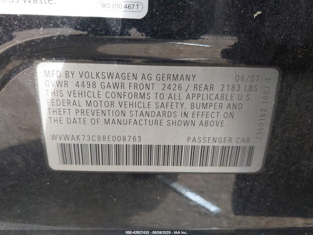 WVWAK73C88E008763 2008 VOLKSWAGEN PASSAT photo no. 9