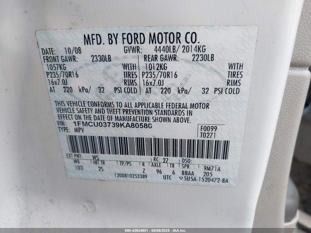 1FMCU03739KA80580 2009 FORD ESCAPE photo no. 9
