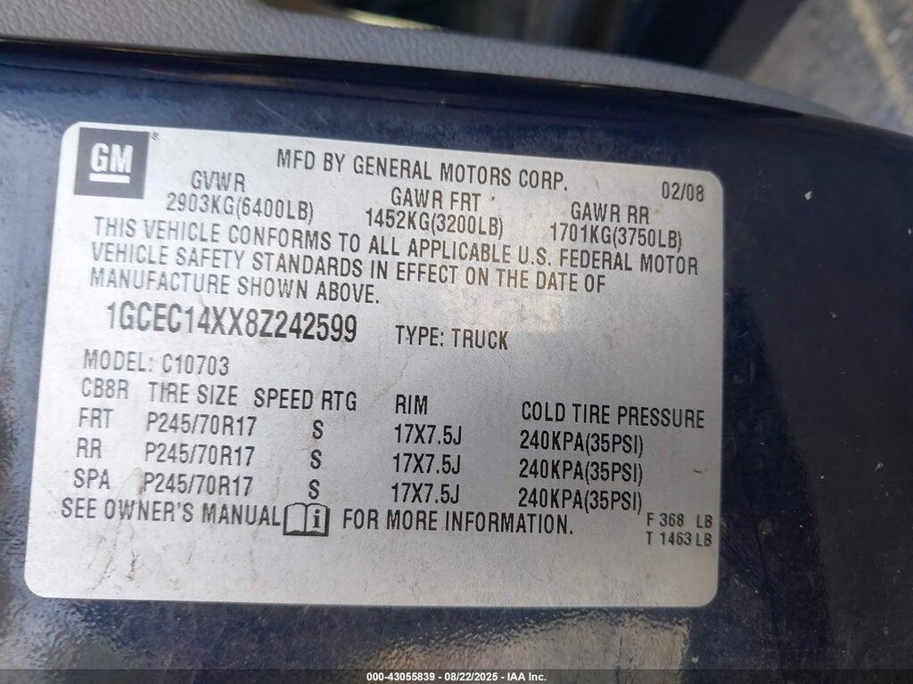 1GCEC14XX8Z242599 2008 CHEVROLET SILVERADO 1500 photo no. 9
