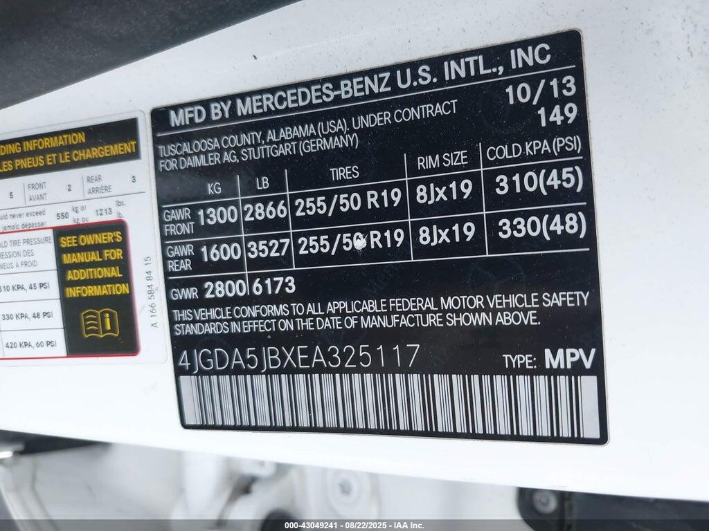 4JGDA5JBXEA325117 2014 MERCEDES-BENZ ML 350 photo no. 9