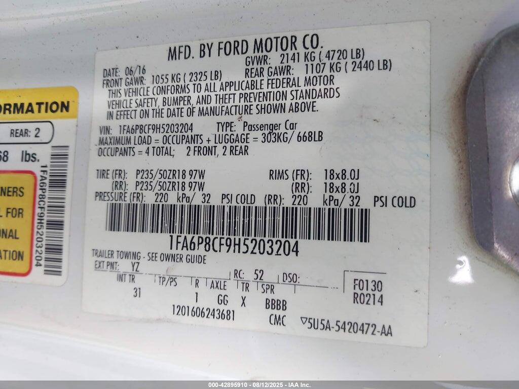 1FA6P8CF9H5203204 2017 FORD MUSTANG photo no. 9