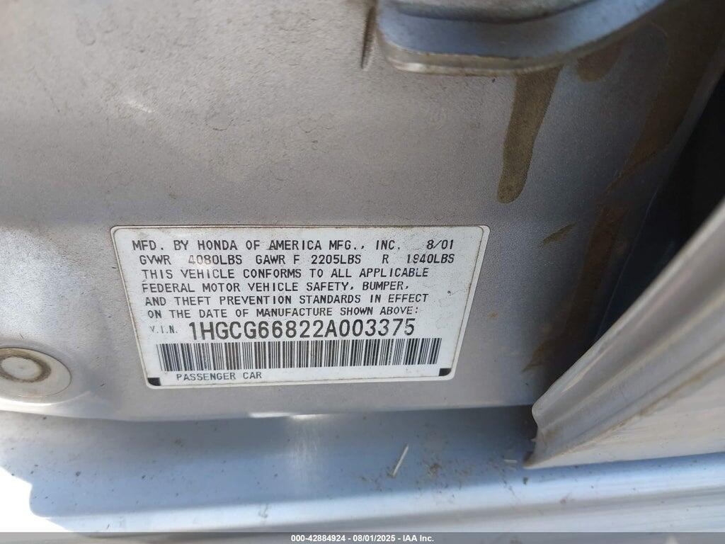 1HGCG66822A003375 2002 HONDA ACCORD photo no. 9
