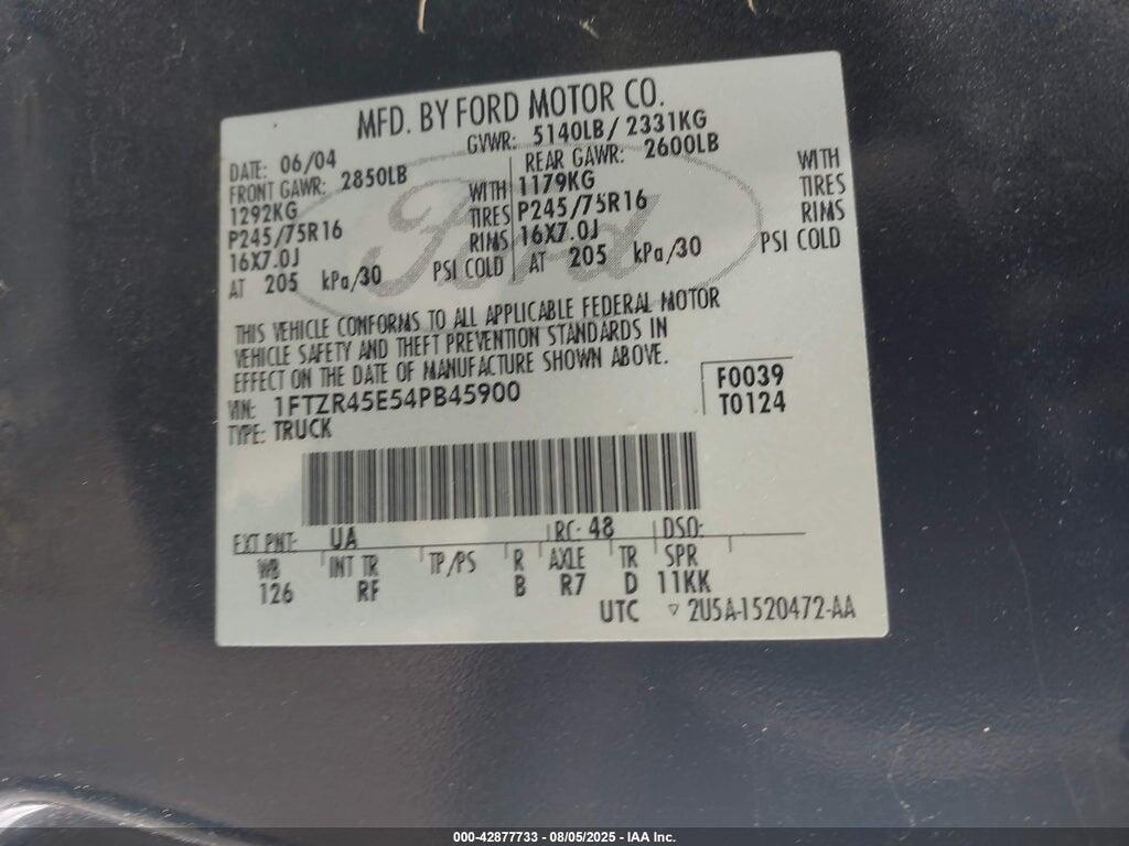 1FTZR45E54PB45900 2004 FORD RANGER photo no. 9
