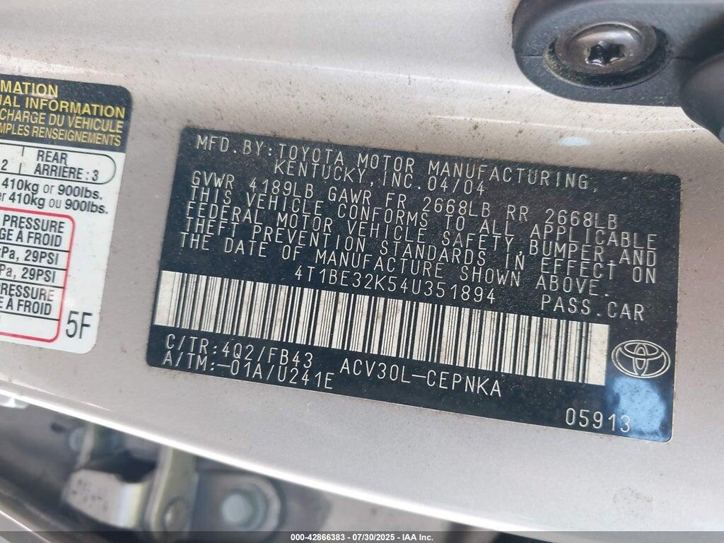 4T1BE32K54U351894 2004 TOYOTA CAMRY photo no. 9