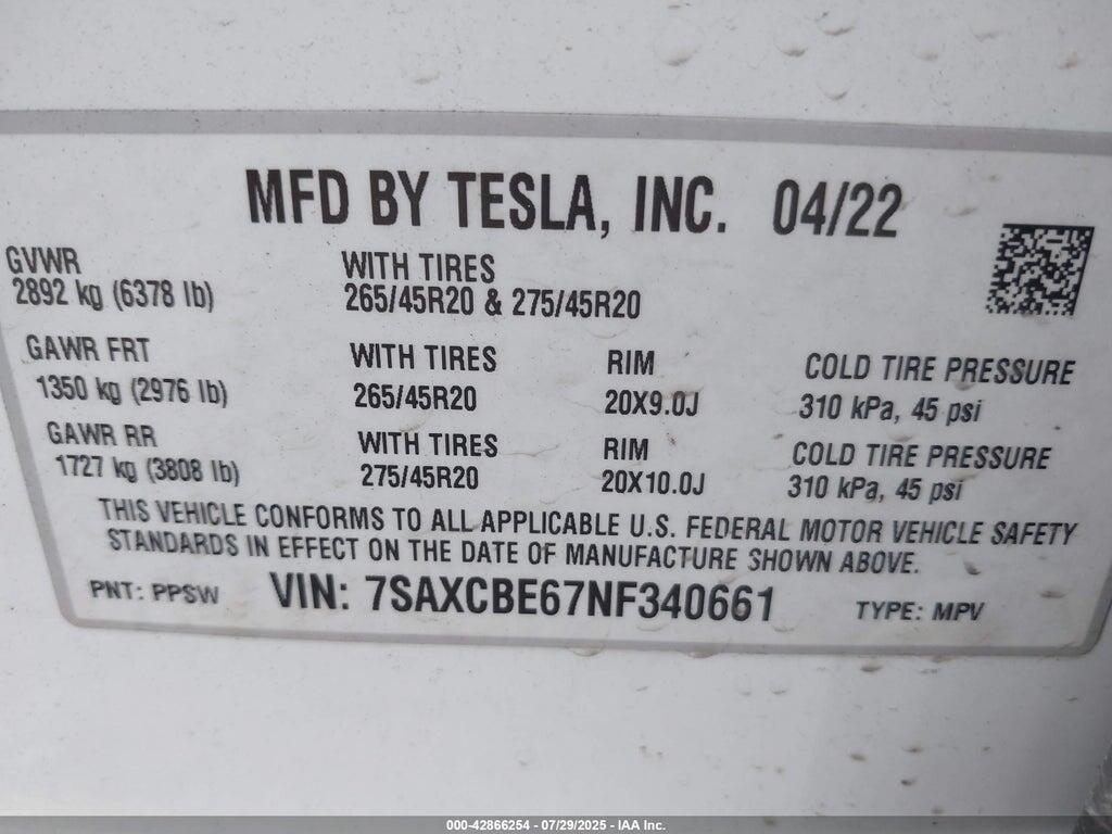 7SAXCBE67NF340661 2022 TESLA MODEL X photo no. 9