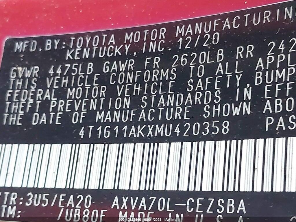 4T1G11AKXMU420358 2021 TOYOTA CAMRY photo no. 9