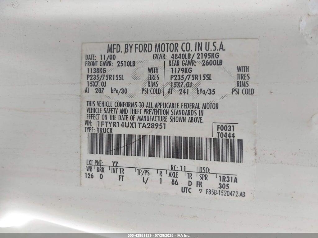 1FTYR14UX1TA28951 2001 FORD RANGER photo no. 9