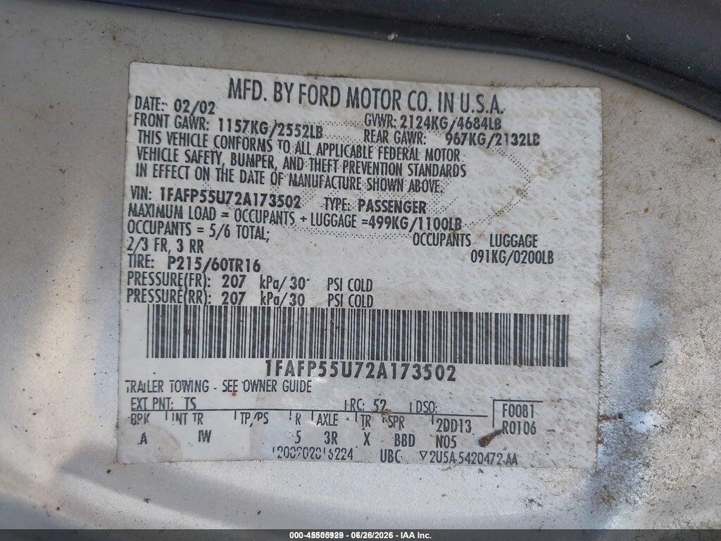 1FAFP55U72A173502 2002 FORD TAURUS photo no. 9