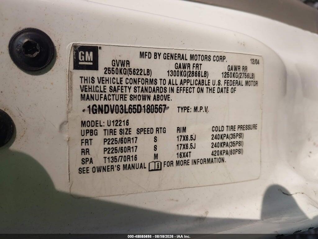 1GNDV03L95D256430 2005 CHEVROLET UPLANDER photo no. 9