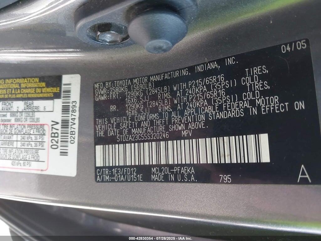 5TDZA23C55S320246 2005 TOYOTA SIENNA photo no. 9