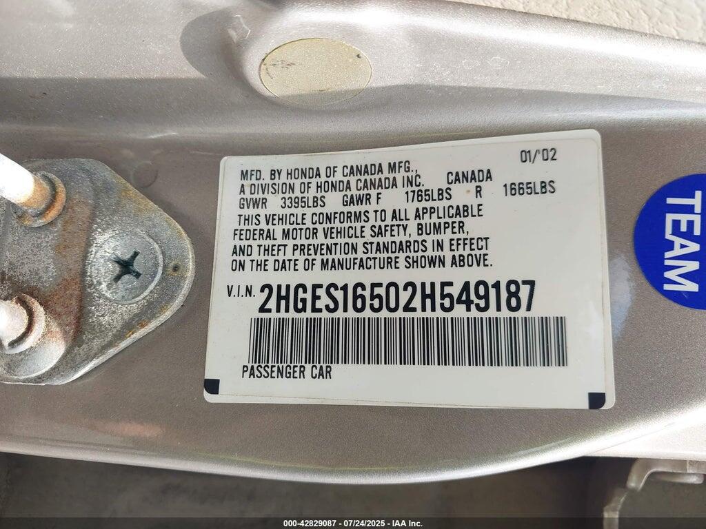 2HGES16502H549187 2002 HONDA CIVIC photo no. 9