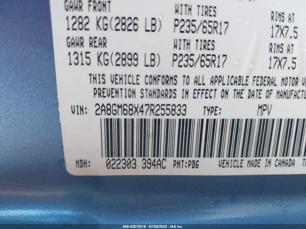 2A8GM68X47R255833 2007 CHRYSLER PACIFICA photo no. 9