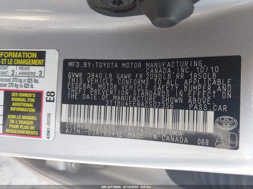 2T1BU4EE8AC507356 2010 TOYOTA COROLLA photo no. 9