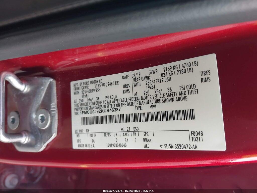 1FMCU0J92KUB46387 2019 FORD ESCAPE photo no. 9