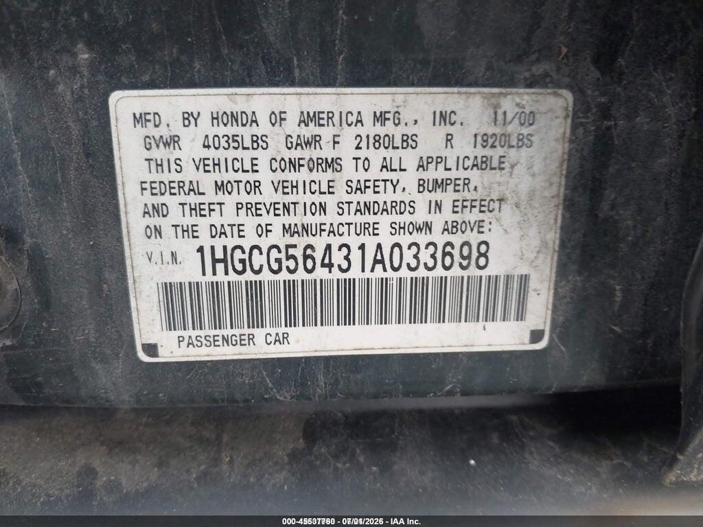 1HGCG56431A033698 2001 HONDA ACCORD photo no. 9