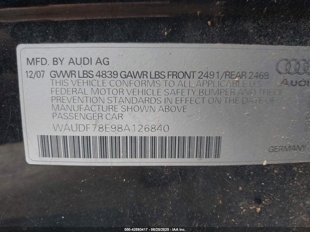 WAUDF78E98A126840 2008 AUDI A4 photo no. 9